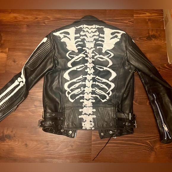 Burberry Prorsum hand painted Skeleton Moto Jacket. Black Leather, mens 38 - Picture 2 of 8
